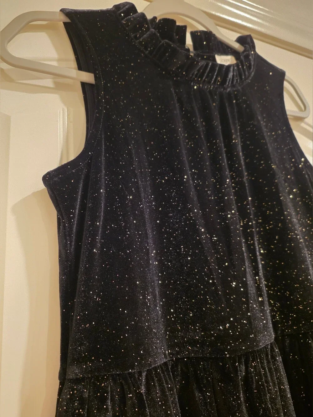NWT J. Crew Tiered Velvet Midi Dress Women SZ4 Black Shimmer Ruffle Neck BV968